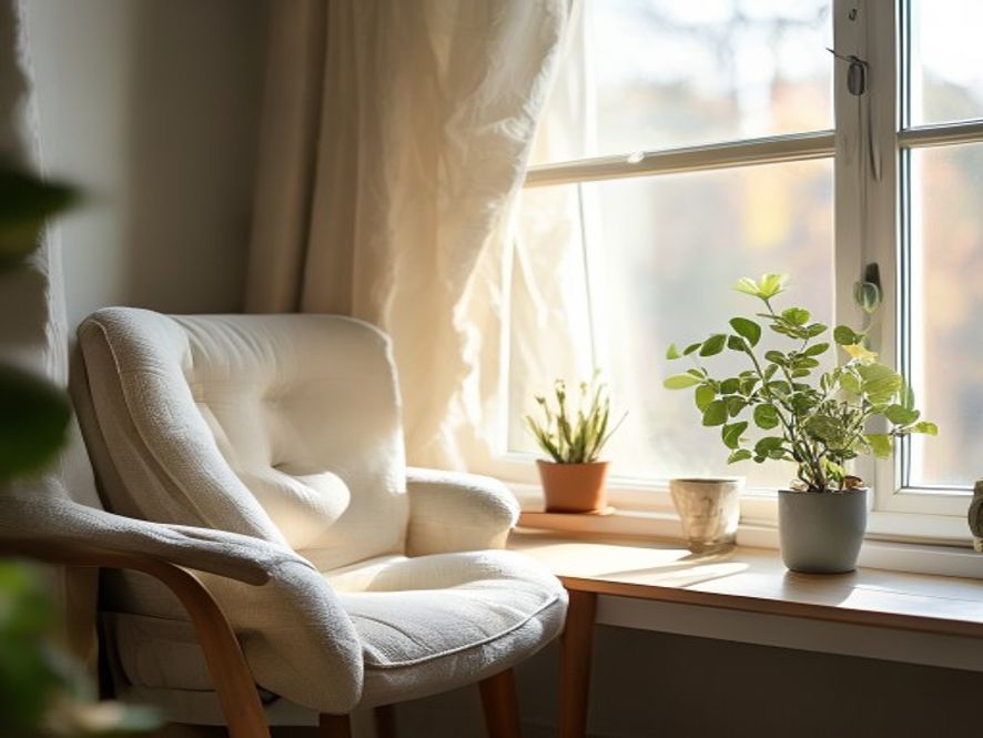 Minimalistisch werkgebied met een notitieboek en plant in zacht licht