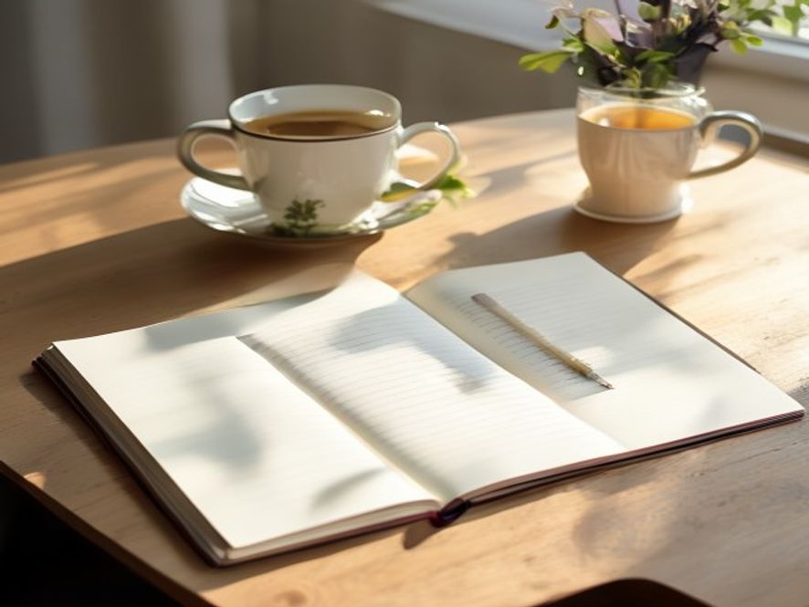 Notebooks en pennen op een wit bureau met natuurlijk licht